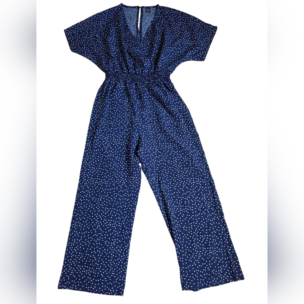 Loness Blue & White Polka Dot Short Sleeve Wide Leg V Neck Jumpsuit Size 6